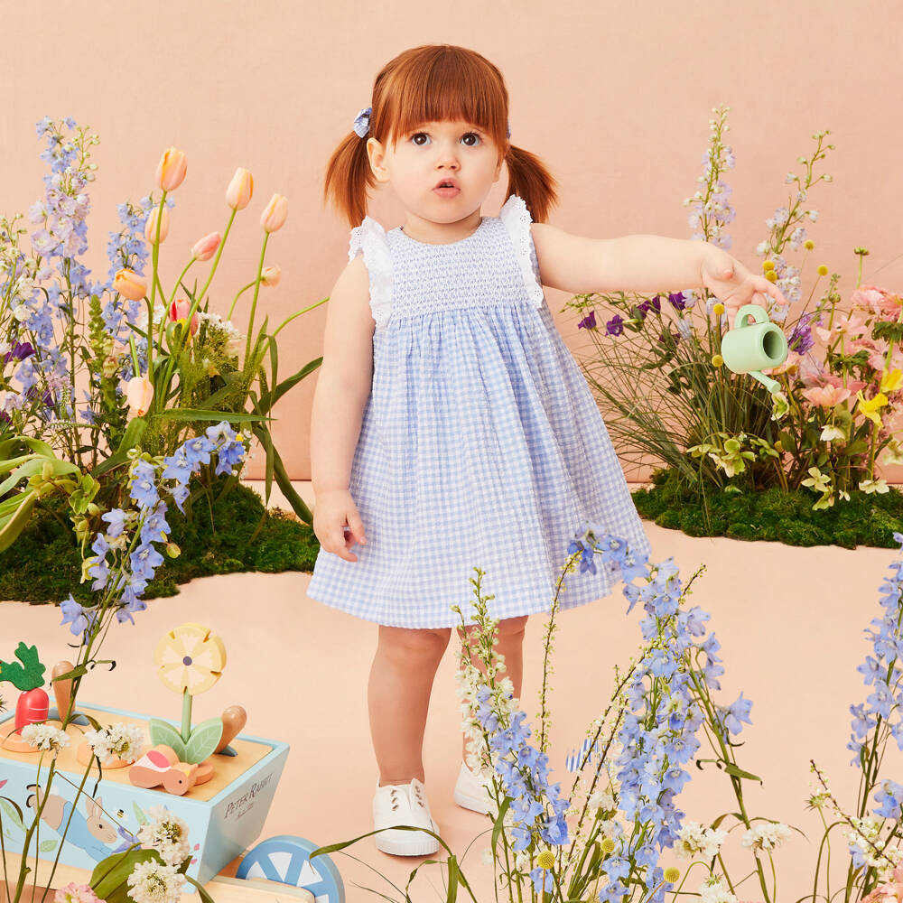 PAZ Rodríguez-Baby Girls Blue Gingham Dress with Broderie Anglaise | Childrensalon Outlet