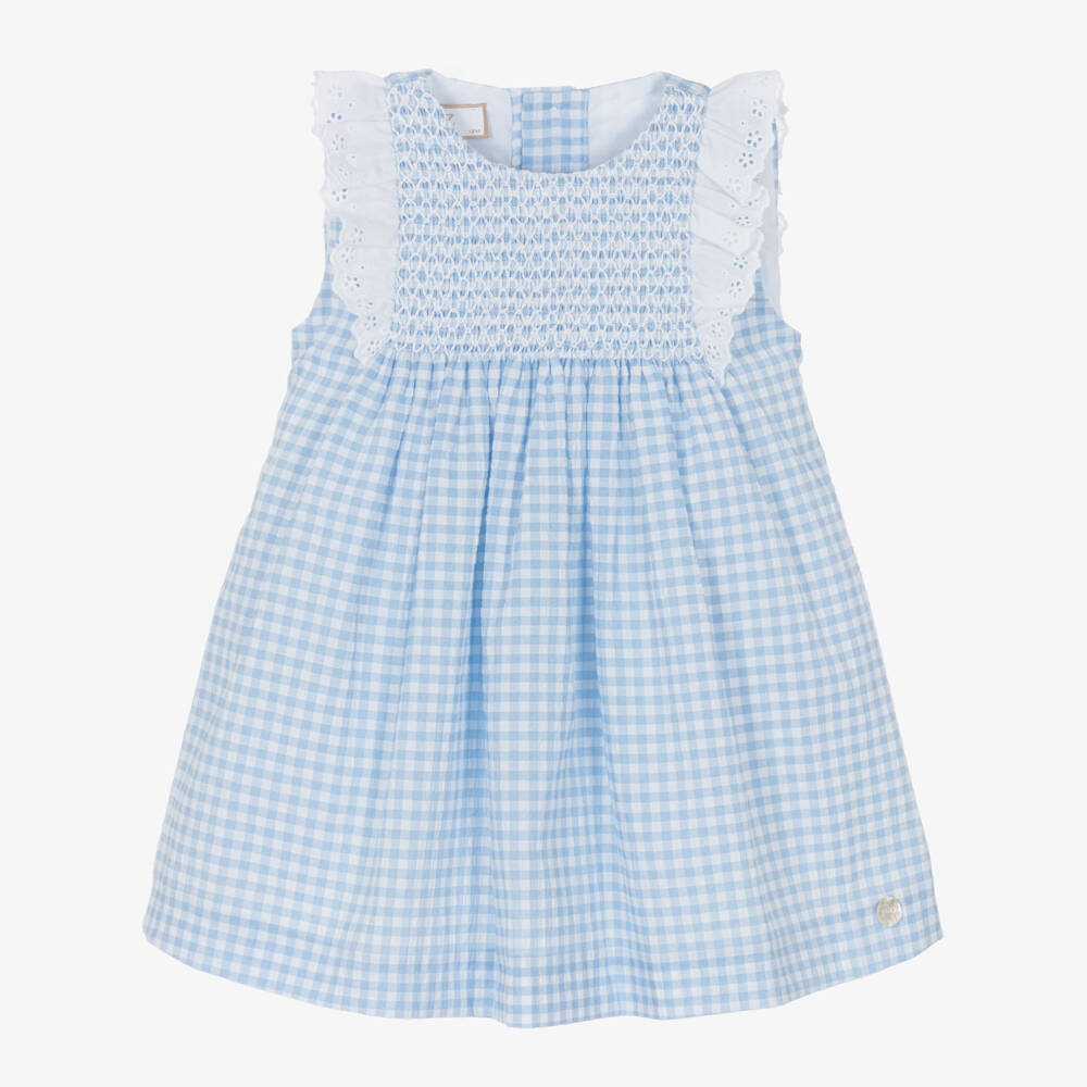 PAZ Rodríguez-Baby Girls Blue Gingham Dress with Broderie Anglaise | Childrensalon Outlet