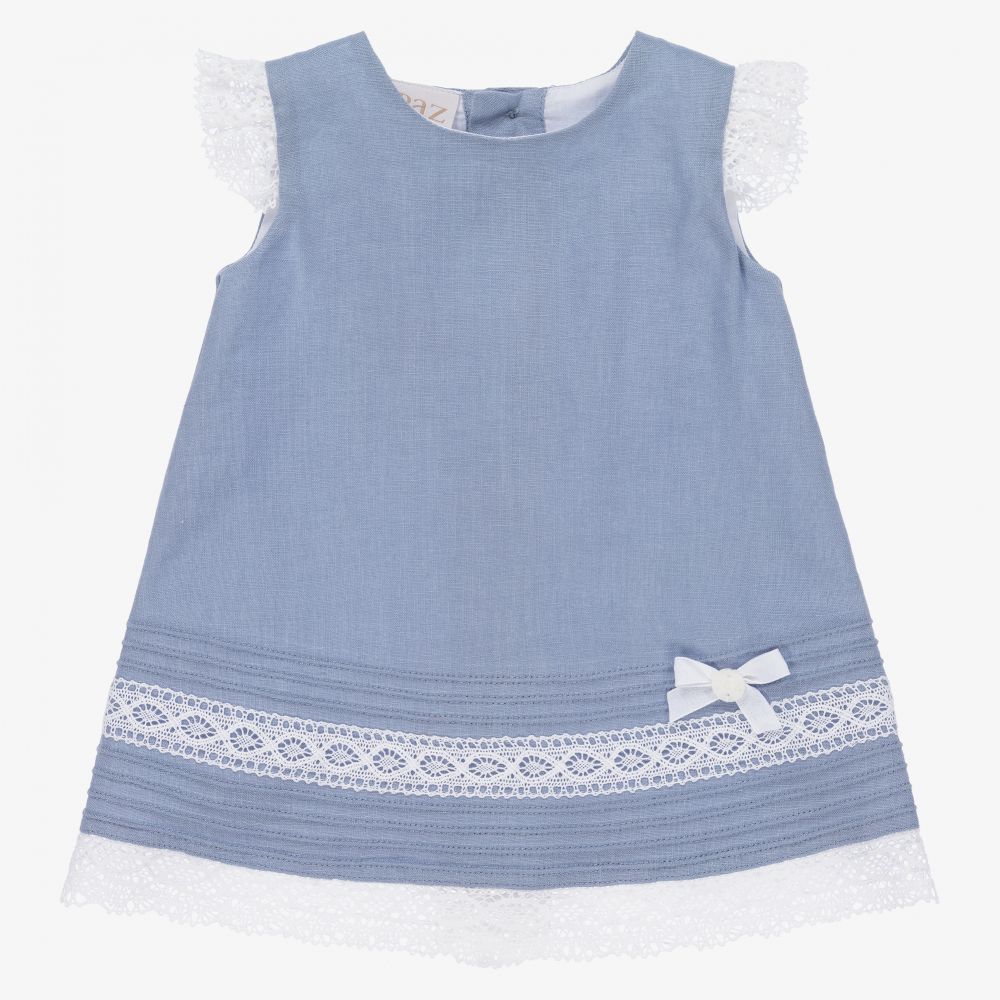 Paz Rodríguez - فستان كتان لون أزرق وأبيض  | Childrensalon