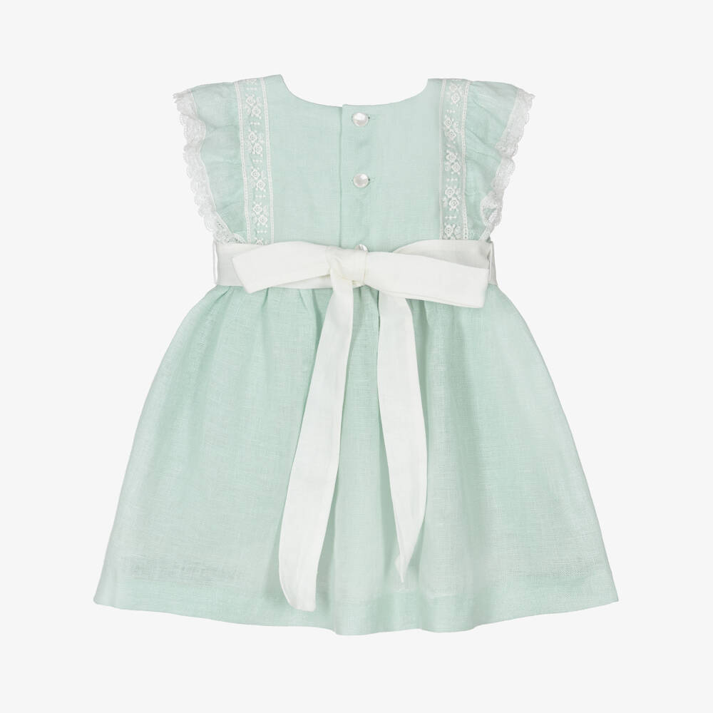 PAZ Rodríguez-Baby Girls Green Linen Dress with Lace Trim | Childrensalon Outlet
