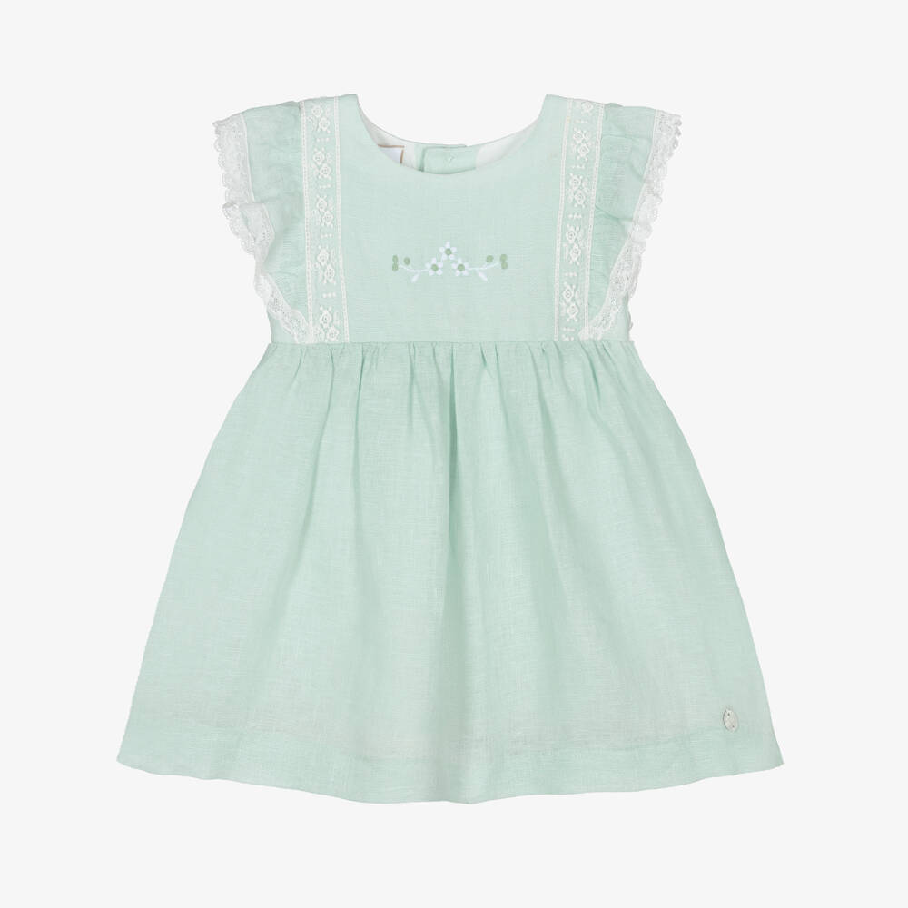 PAZ Rodríguez-Baby Girls Green Linen Dress with Lace Trim | Childrensalon Outlet