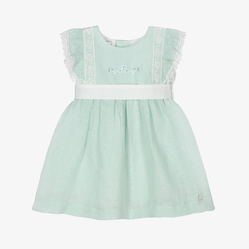 PAZ Rodríguez-Baby Girls Green Linen Dress with Lace Trim | Childrensalon Outlet