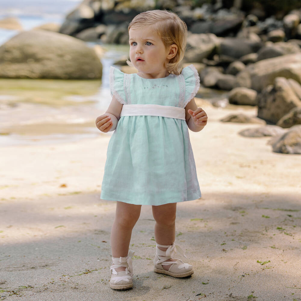 PAZ Rodríguez-Baby Girls Green Linen Dress with Lace Trim | Childrensalon Outlet