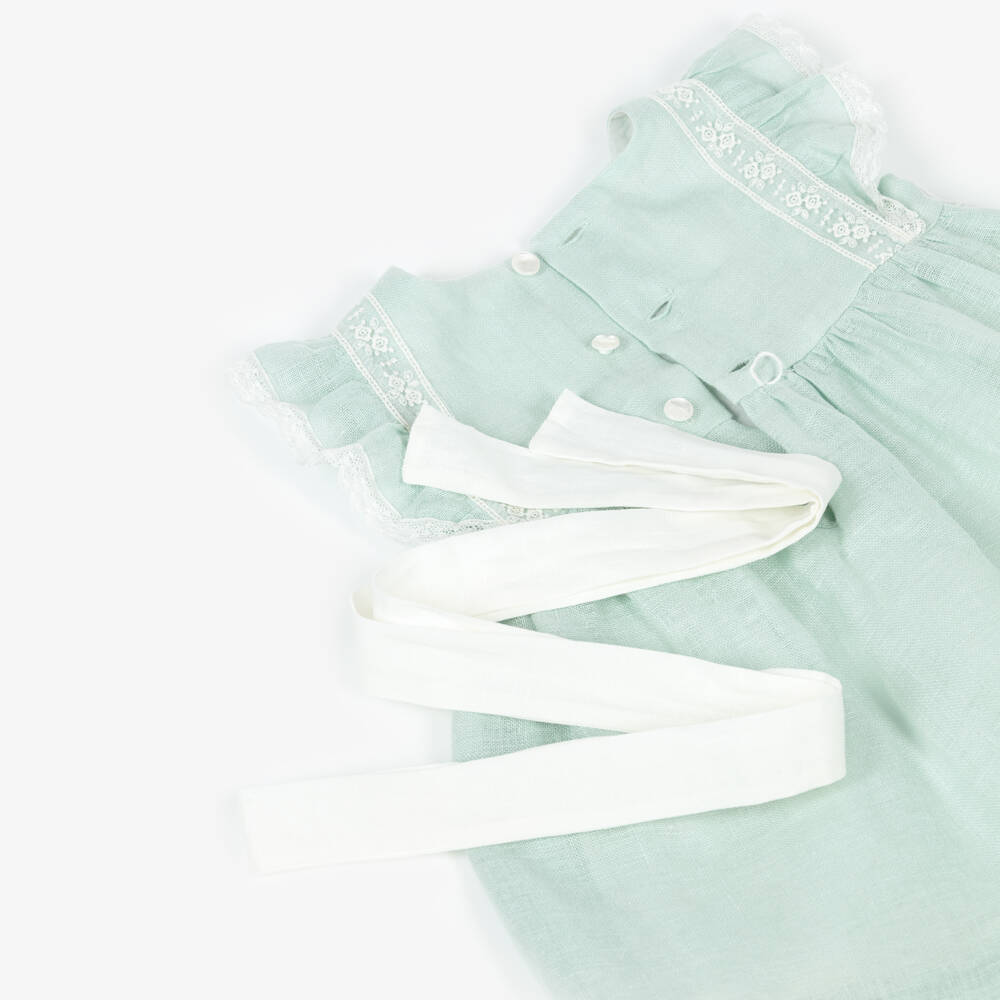 PAZ Rodríguez-Baby Girls Green Linen Dress with Lace Trim | Childrensalon Outlet