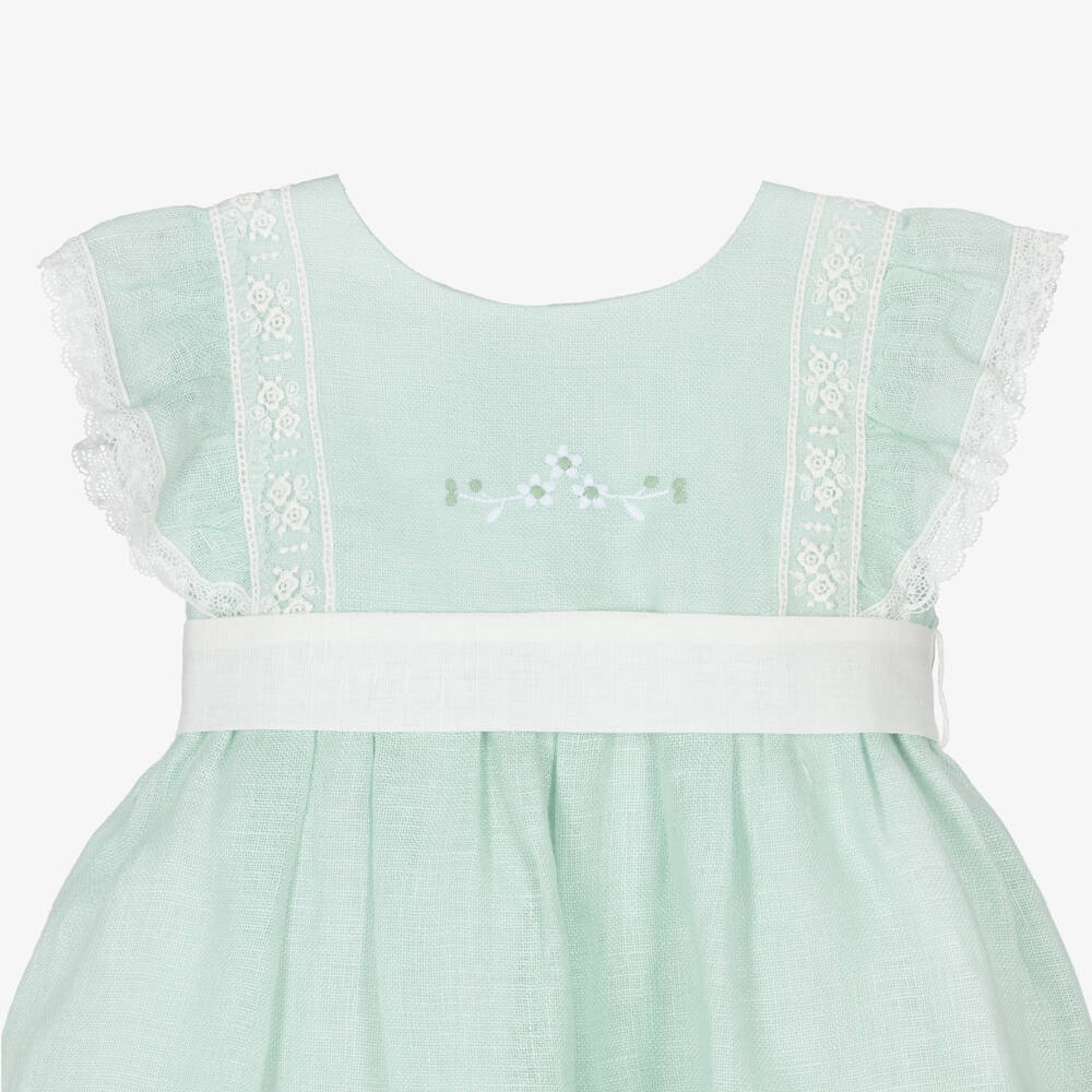PAZ Rodríguez-Baby Girls Green Linen Dress with Lace Trim | Childrensalon Outlet