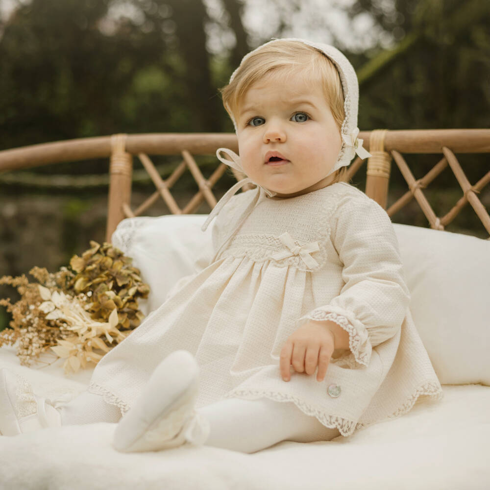 PAZ Rodríguez-Baby Girls Ivory Cotton Dress & Bonnet Set with Lace Trim | Childrensalon Outlet