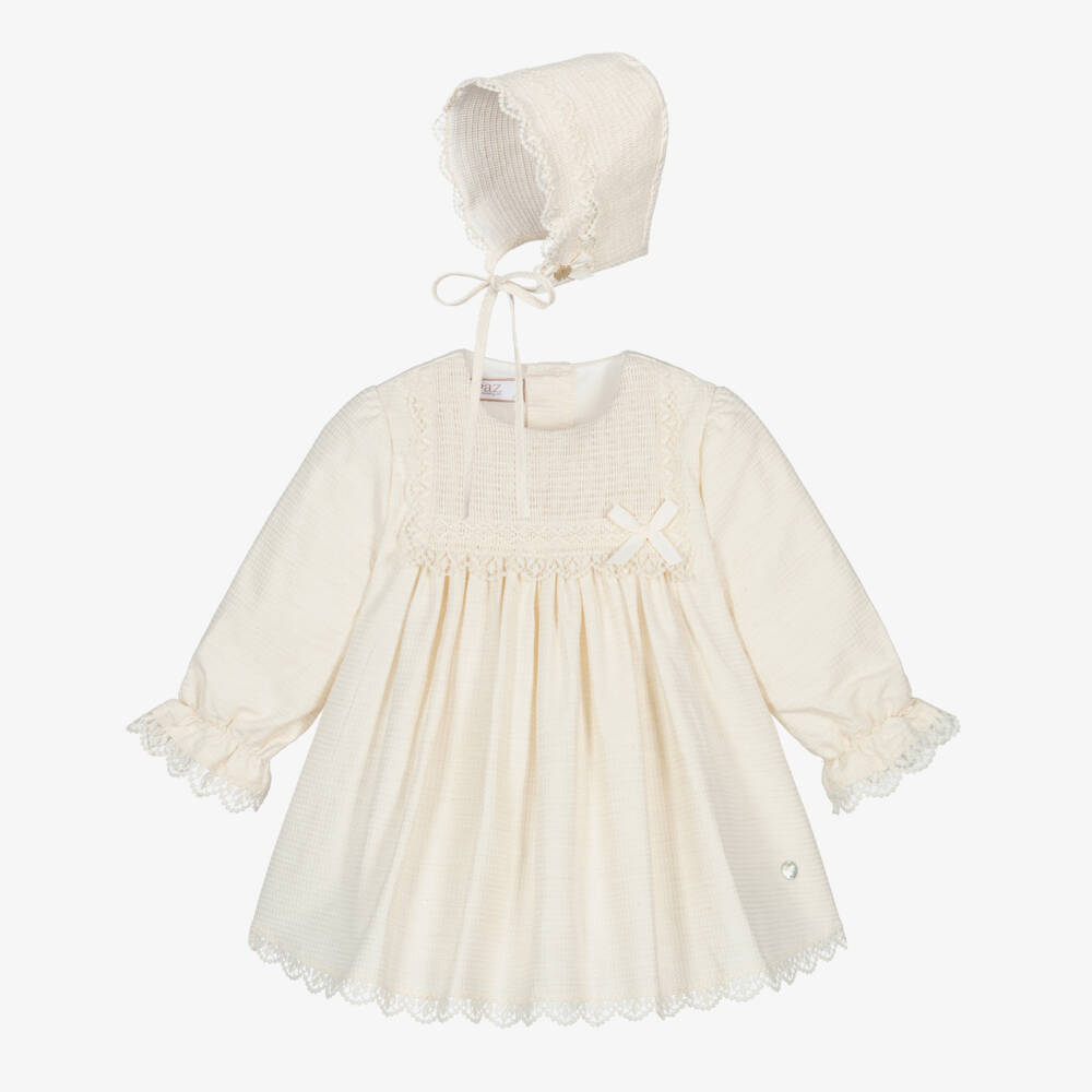 PAZ Rodríguez-Baby Girls Ivory Cotton Dress & Bonnet Set with Lace Trim | Childrensalon Outlet