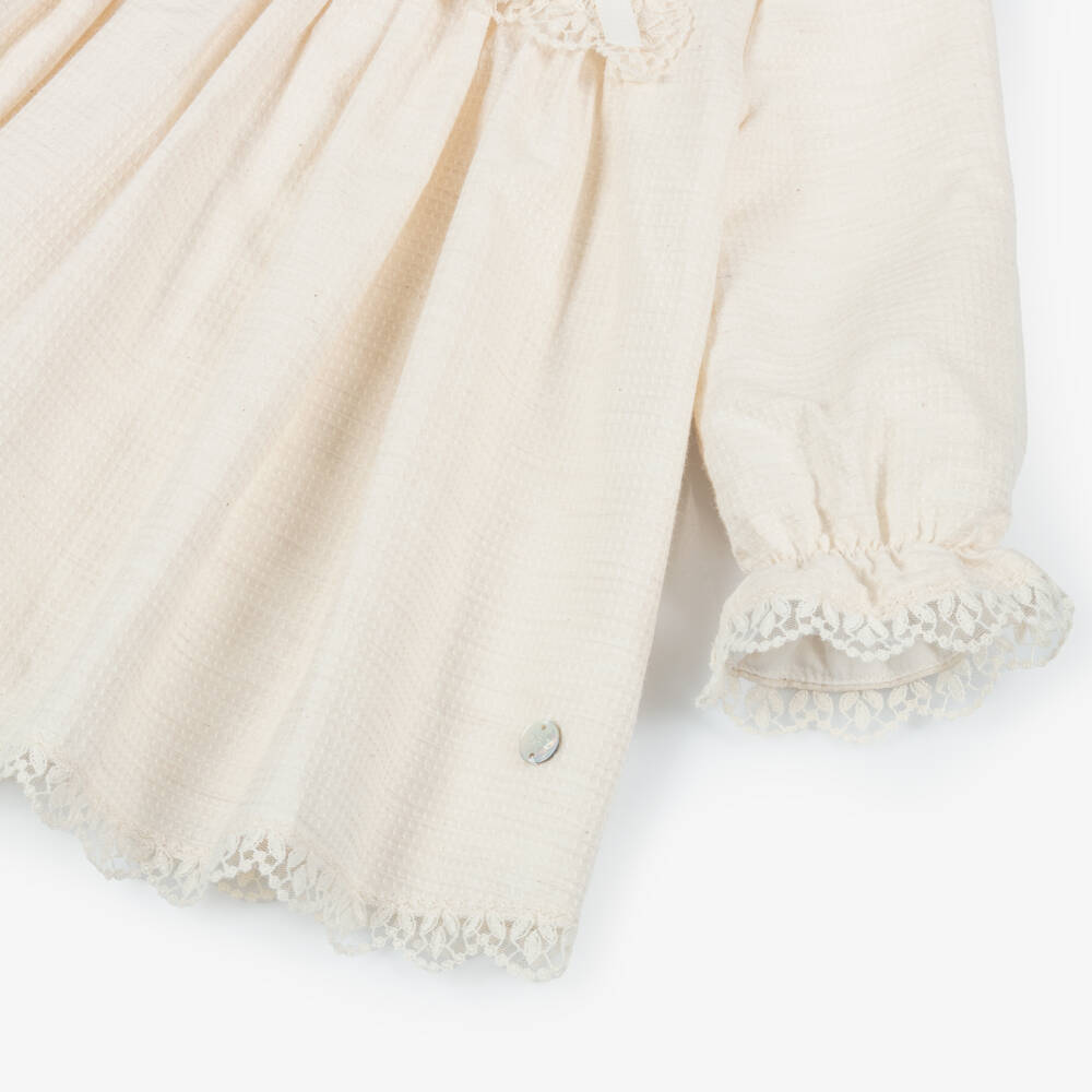 PAZ Rodríguez-Baby Girls Ivory Cotton Dress & Bonnet Set with Lace Trim | Childrensalon Outlet