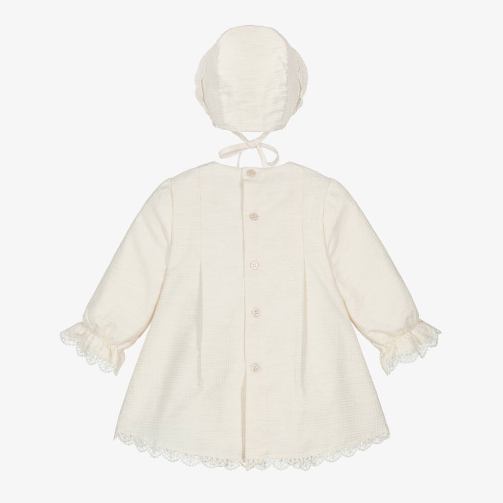 PAZ Rodríguez-Baby Girls Ivory Cotton Dress & Bonnet Set with Lace Trim | Childrensalon Outlet