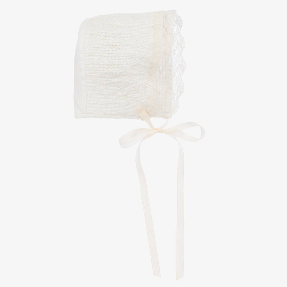 PAZ Rodríguez-Baby Girls Ivory Lace-Edged Bonnet | Childrensalon Outlet