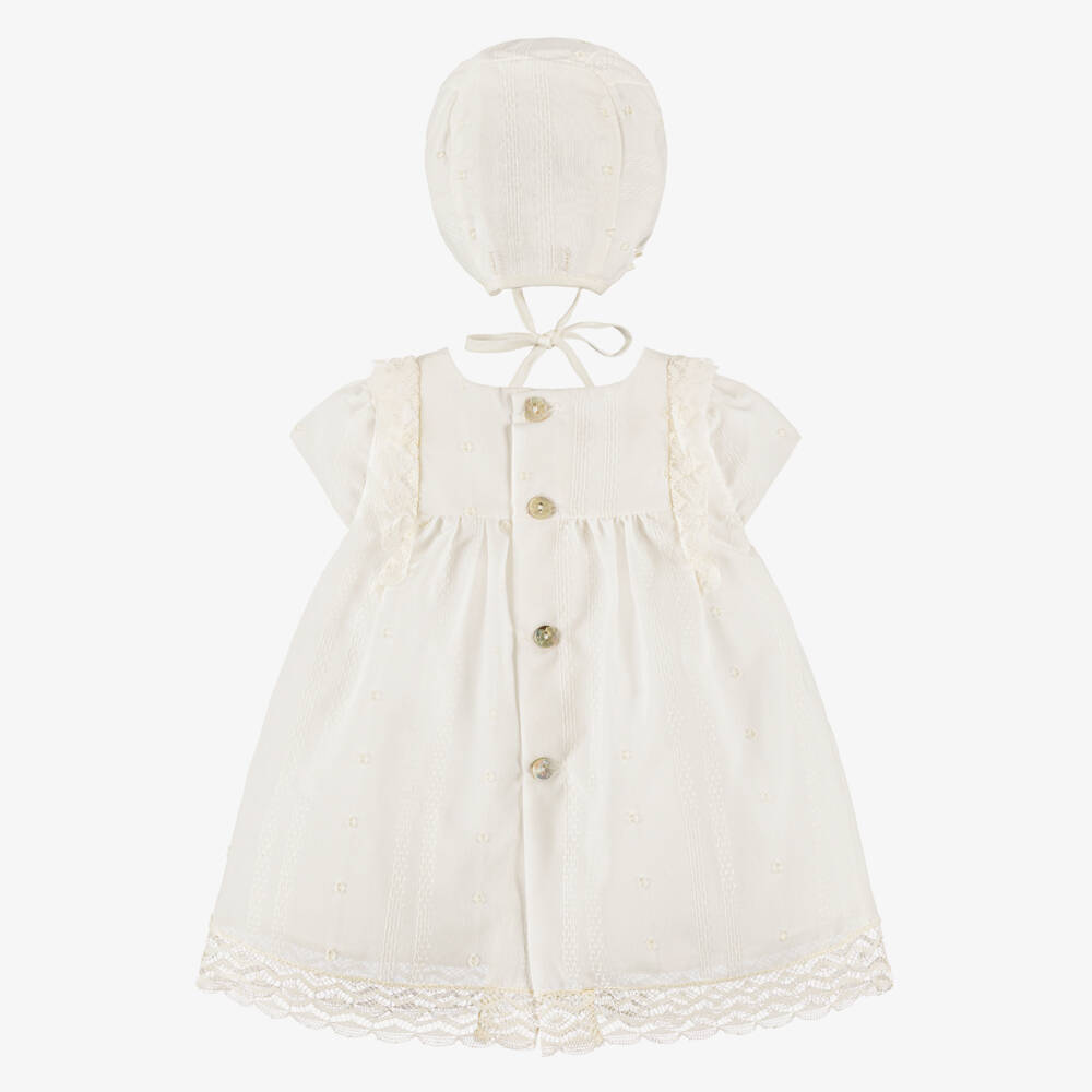 PAZ Rodríguez-Baby Girls Ivory Lace Trimmed Dress & Bonnet Set | Childrensalon Outlet