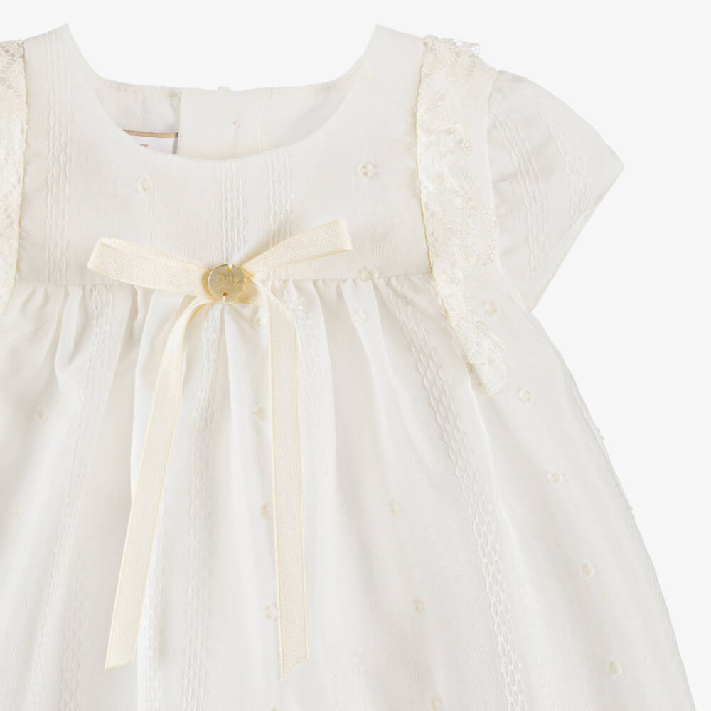 PAZ Rodríguez-Baby Girls Ivory Lace Trimmed Dress & Bonnet Set | Childrensalon Outlet