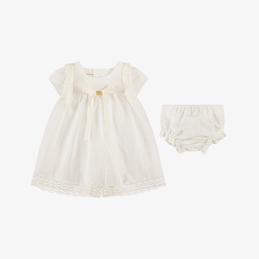 PAZ Rodríguez-Baby Girls Ivory Lace Trimmed Dress & Bonnet Set | Childrensalon Outlet