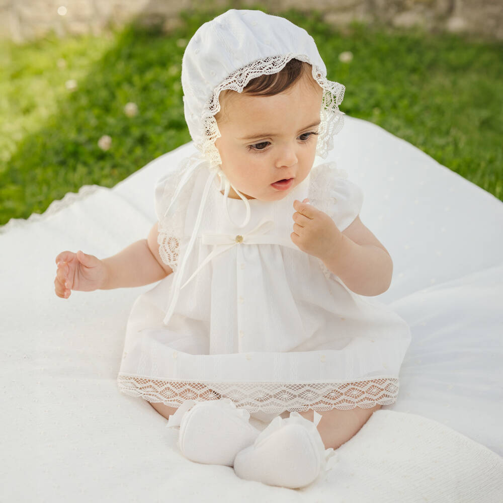 PAZ Rodríguez-Baby Girls Ivory Lace Trimmed Dress & Bonnet Set | Childrensalon Outlet