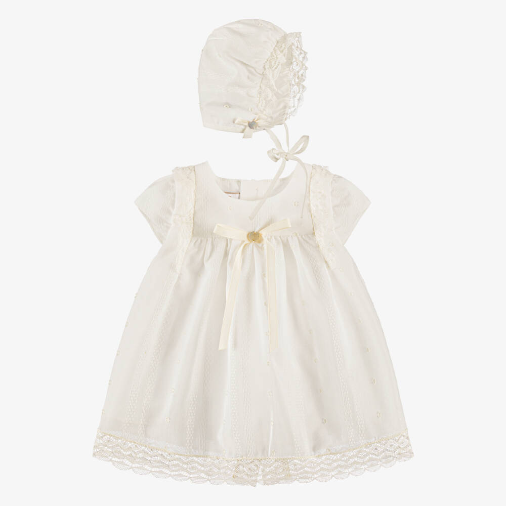 PAZ Rodríguez-Baby Girls Ivory Lace Trimmed Dress & Bonnet Set | Childrensalon Outlet