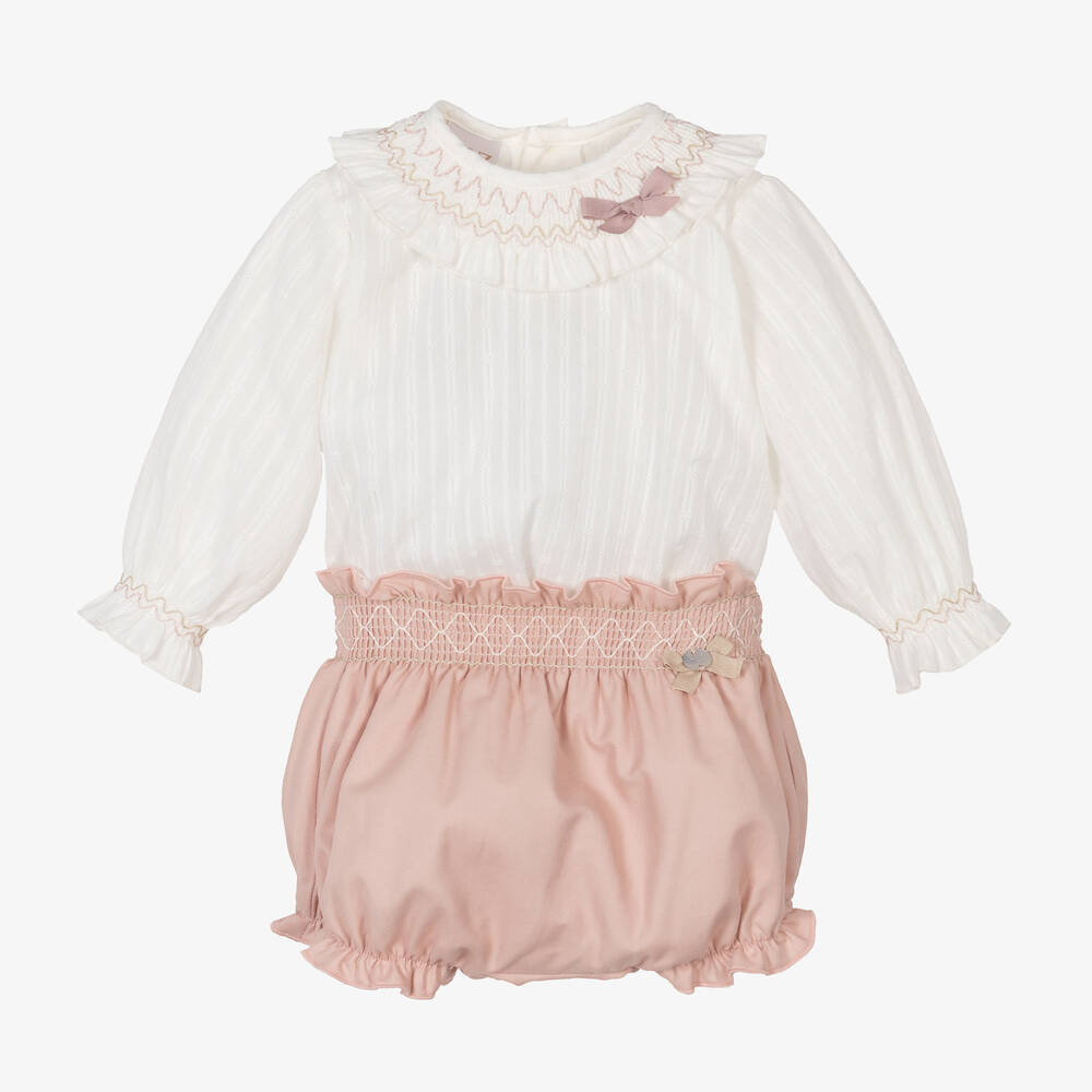 Paz Rodríguez - Baby Girls Ivory & Pink Cotton Shorts Set | Childrensalon