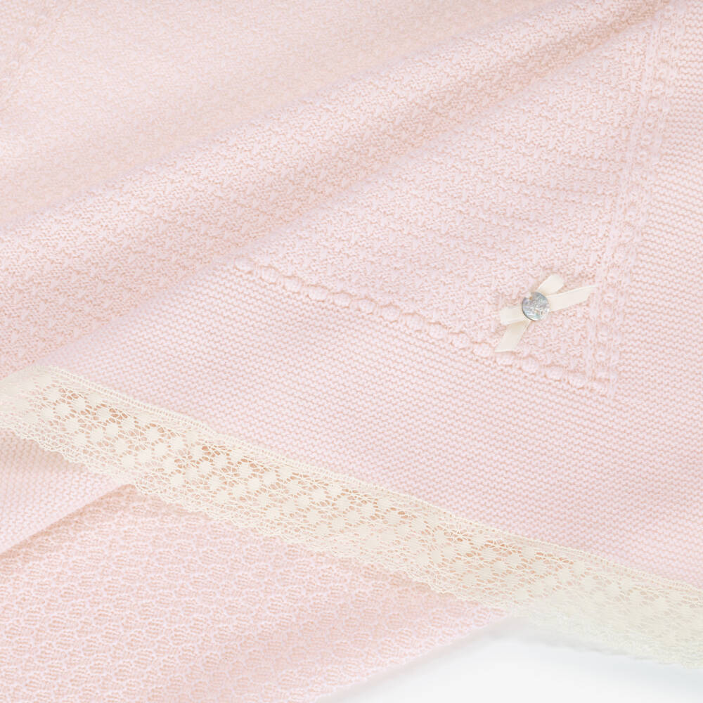 PAZ Rodríguez-Baby Girls Pale Pink Lace Trim Merino Wool Knit Shawl (108cm) | Childrensalon Outlet
