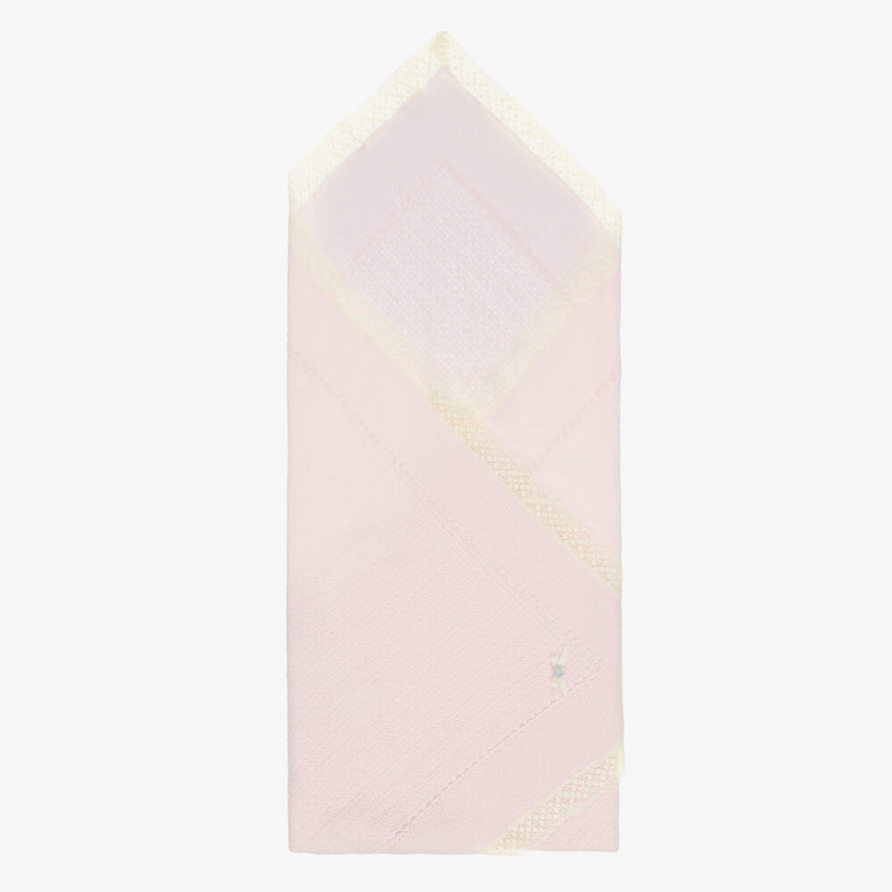 PAZ Rodríguez-Baby Girls Pale Pink Lace Trim Merino Wool Knit Shawl (108cm) | Childrensalon Outlet