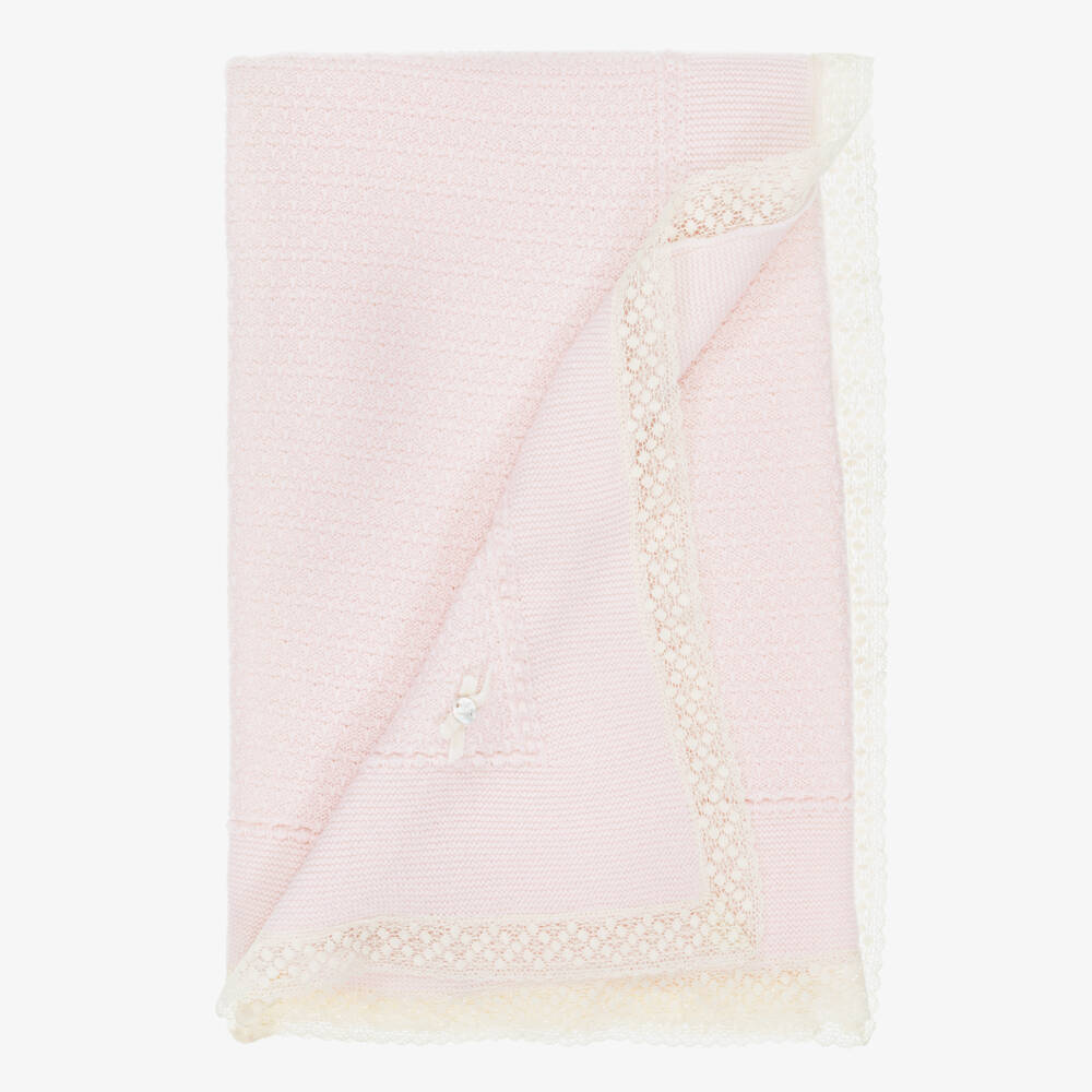 PAZ Rodríguez-Baby Girls Pale Pink Lace Trim Merino Wool Knit Shawl (108cm) | Childrensalon Outlet