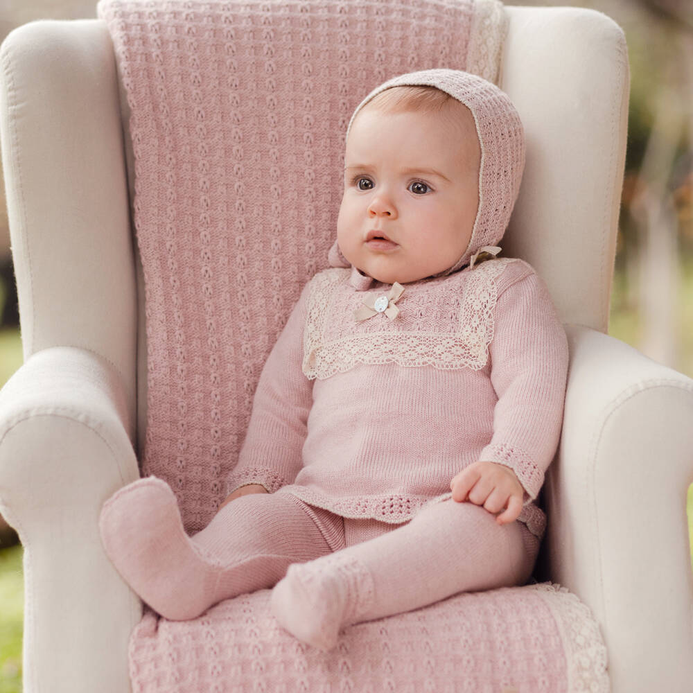 PAZ Rodríguez-Baby Girls Pink Cotton & Cashmere Knit Dress with Lace Trim | Childrensalon Outlet