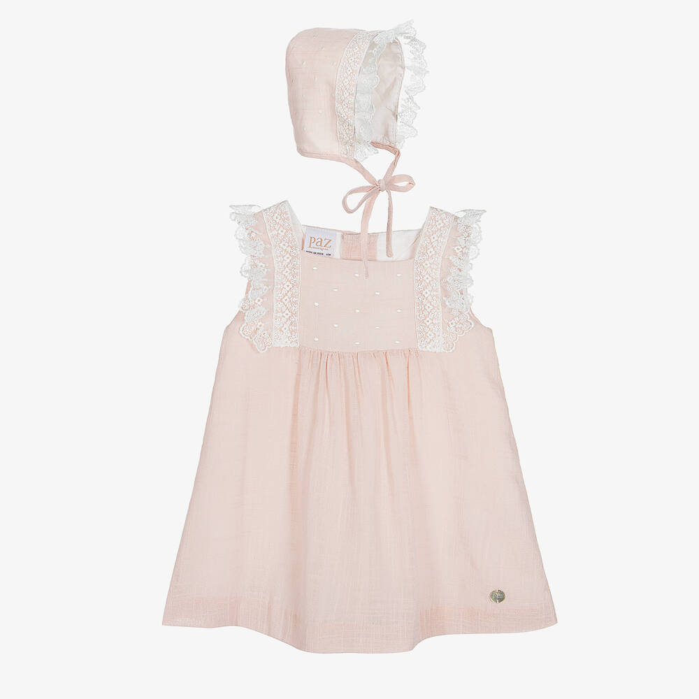 Paz Rodríguez - Розовое платье и чепчик из хлопка | Childrensalon