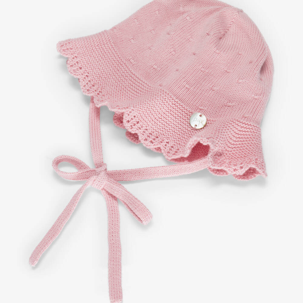 PAZ Rodríguez-Baby Girls Pink Cotton Knit Hat with Ties | Childrensalon Outlet