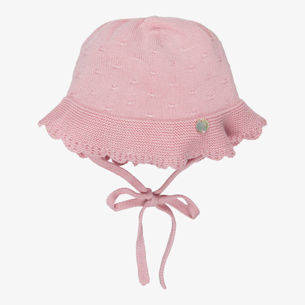 PAZ Rodríguez-Baby Girls Pink Cotton Knit Hat with Ties | Childrensalon Outlet