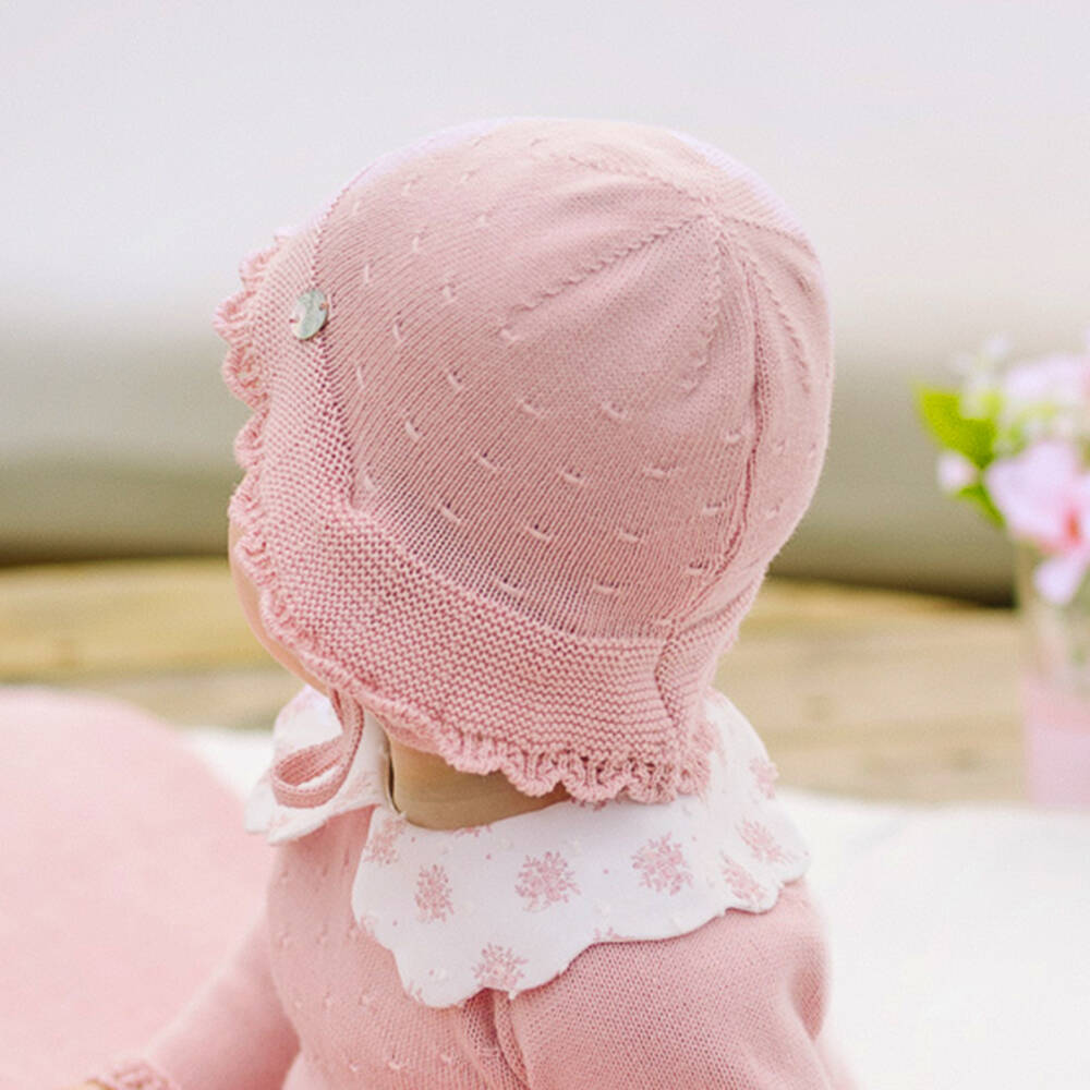 PAZ Rodríguez-Baby Girls Pink Cotton Knit Hat with Ties | Childrensalon Outlet