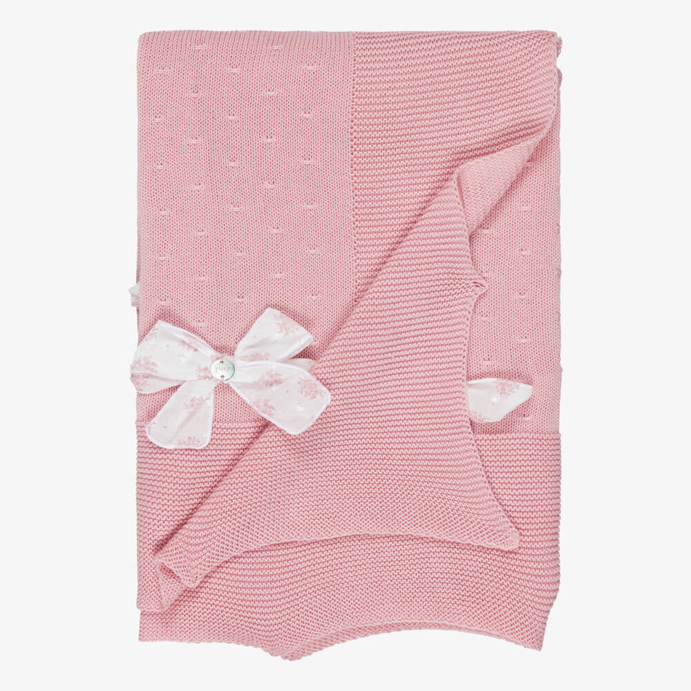 PAZ Rodríguez-Baby Girls Pink Cotton Knit Shawl with Floral Bow (106cm) | Childrensalon Outlet