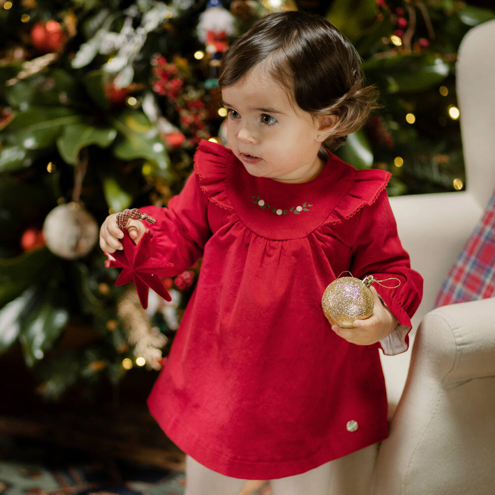 PAZ Rodríguez-Baby Girls Red Velvet Long Sleeved Dress | Childrensalon Outlet