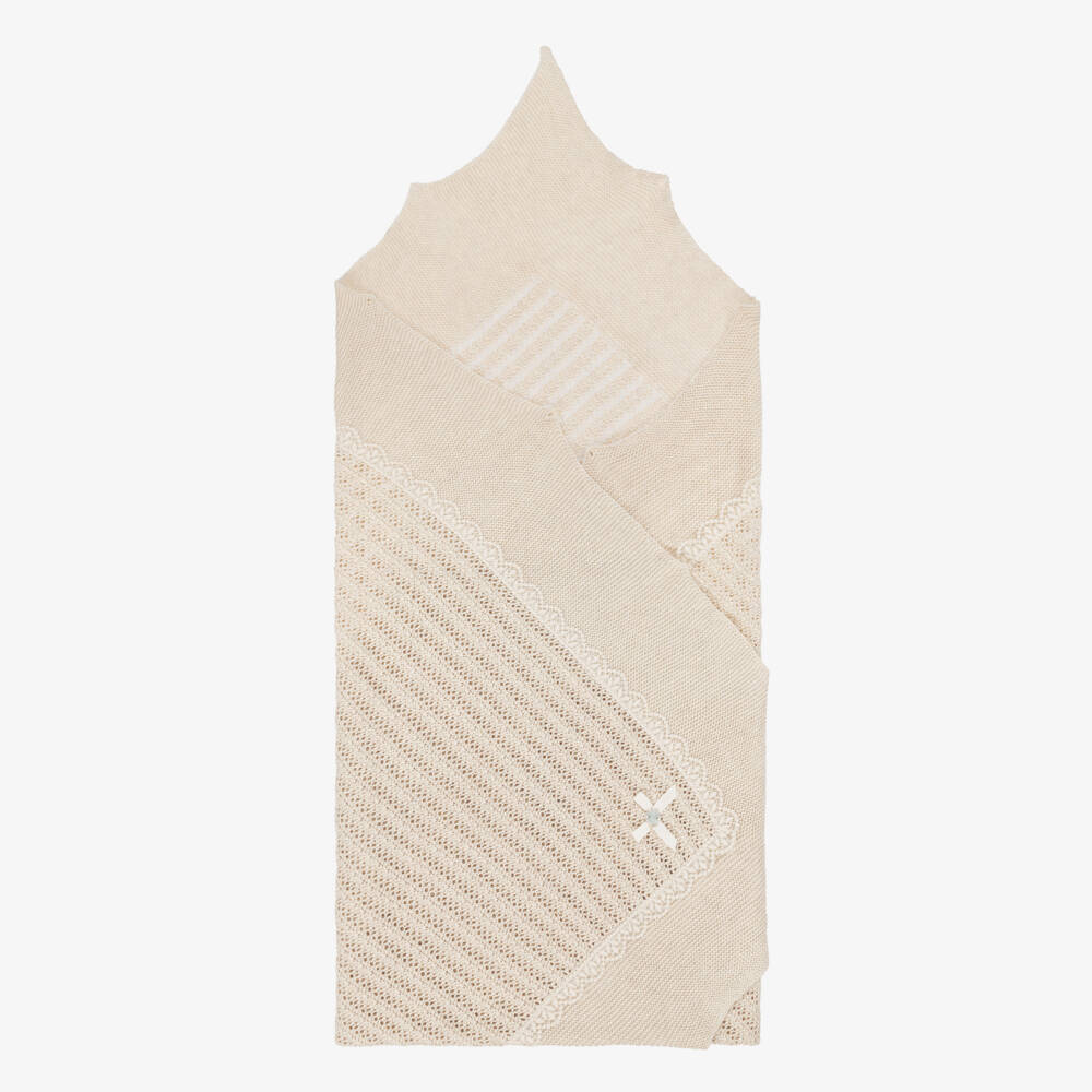 PAZ Rodríguez-Beige Cotton & Cashmere Knitted Baby Shawl (106cm) | Childrensalon Outlet