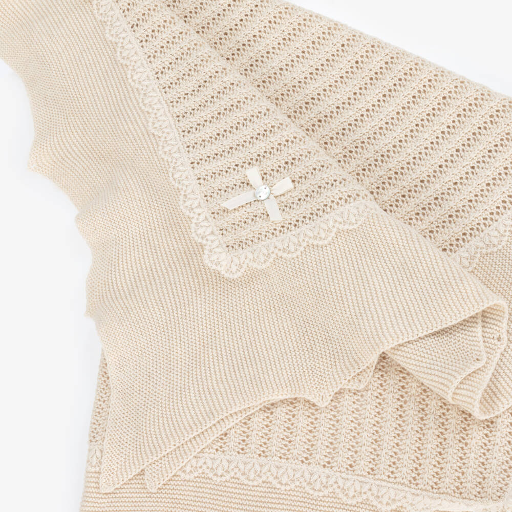 PAZ Rodríguez-Beige Cotton & Cashmere Knitted Baby Shawl (106cm) | Childrensalon Outlet