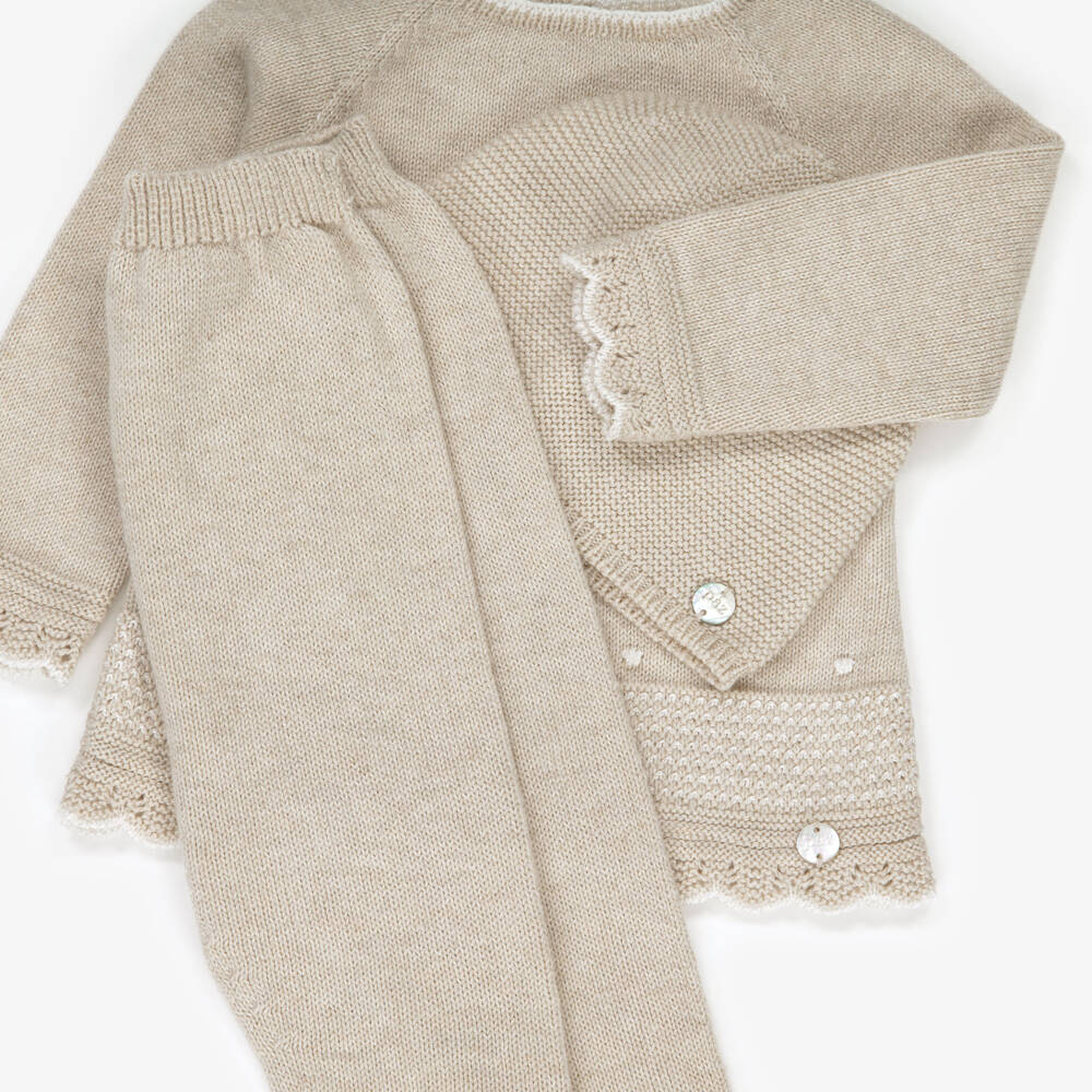 PAZ Rodríguez-Beige Cotton & Cashmere Knitted Babysuit Set | Childrensalon Outlet