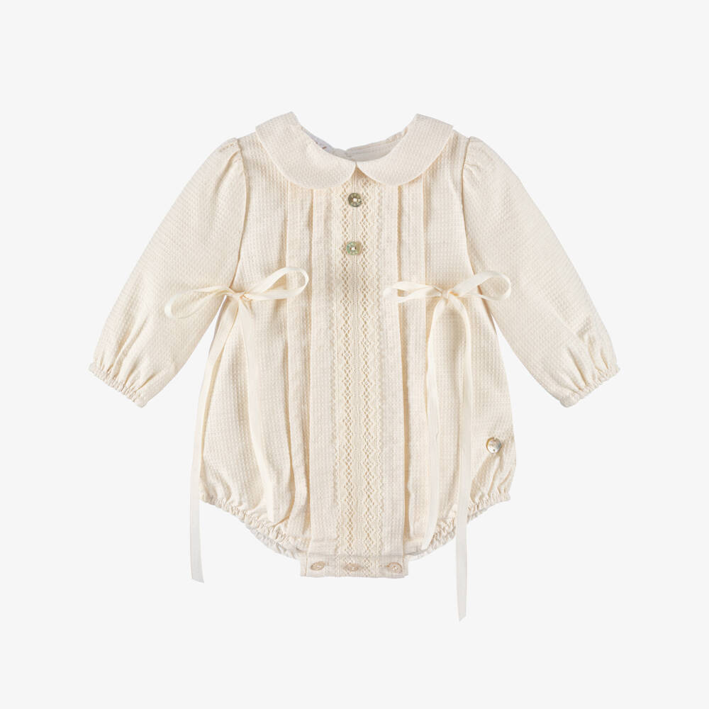 PAZ Rodríguez- Beige Cotton Shortie with Lace & Bow Trims | Childrensalon Outlet