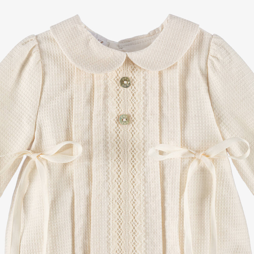 PAZ Rodríguez- Beige Cotton Shortie with Lace & Bow Trims | Childrensalon Outlet