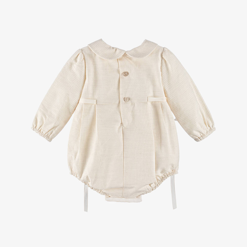 PAZ Rodríguez- Beige Cotton Shortie with Lace & Bow Trims | Childrensalon Outlet