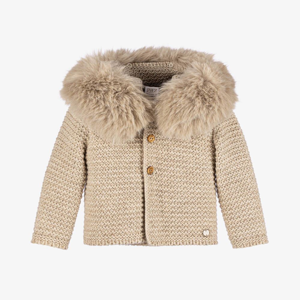 PAZ Rodríguez-Beige Knit Faux Fur Collar Jacket | Childrensalon Outlet