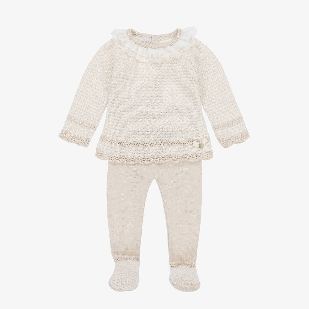 Paz Rodríguez - Beige Knitted Cotton 2 Piece Babygrow | Childrensalon