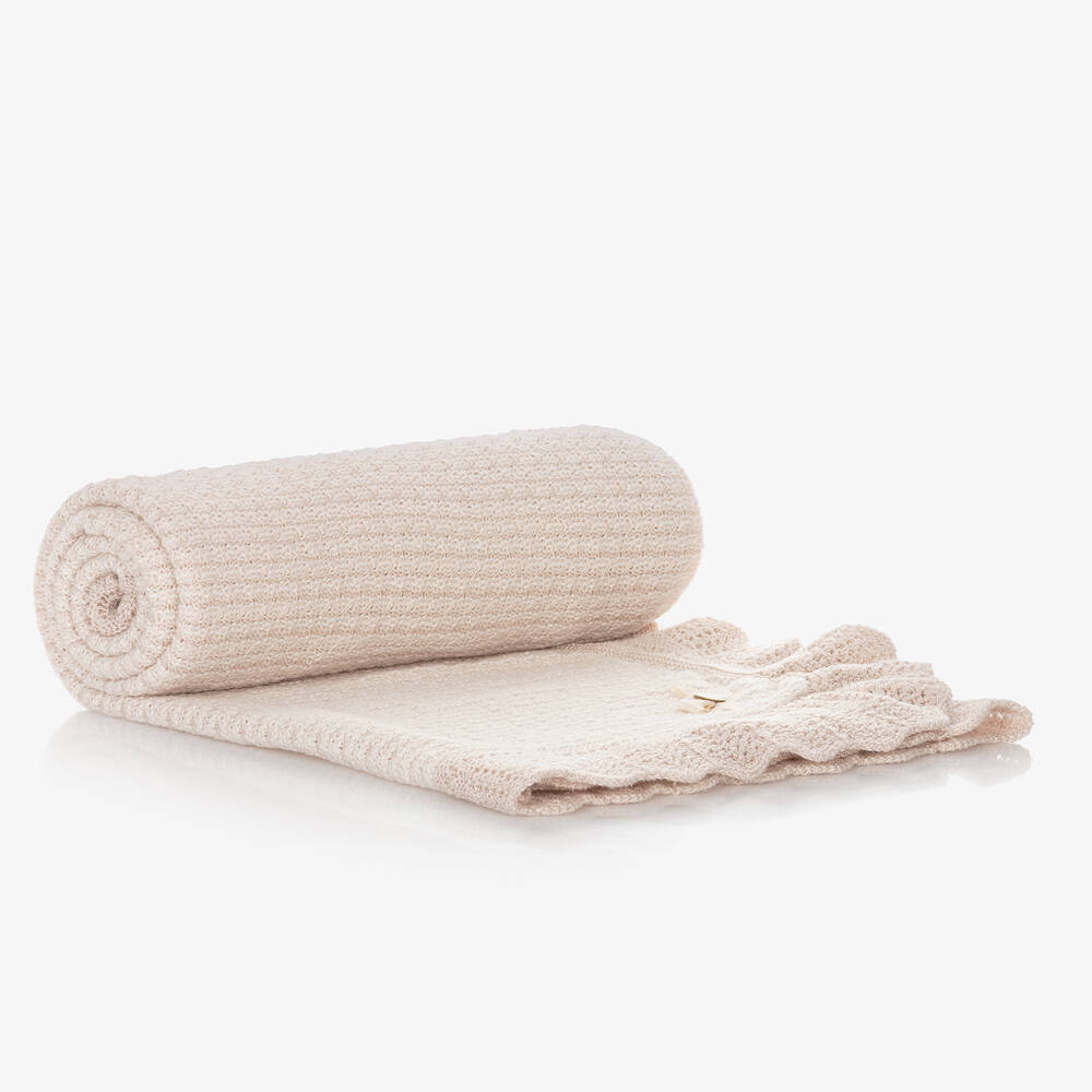 PAZ Rodríguez-Beige Knitted Cotton Baby Shawl (103cm) | Childrensalon Outlet