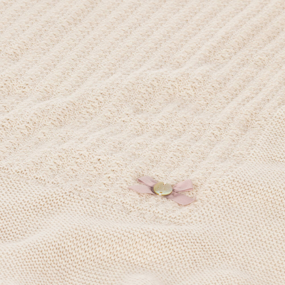 PAZ Rodríguez-Beige Knitted Cotton Baby Shawl (103cm) | Childrensalon Outlet