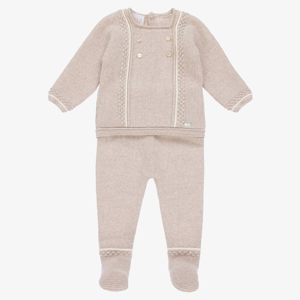 Paz Rodríguez - Beige Knitted Wool 2 Piece Babygrow | Childrensalon