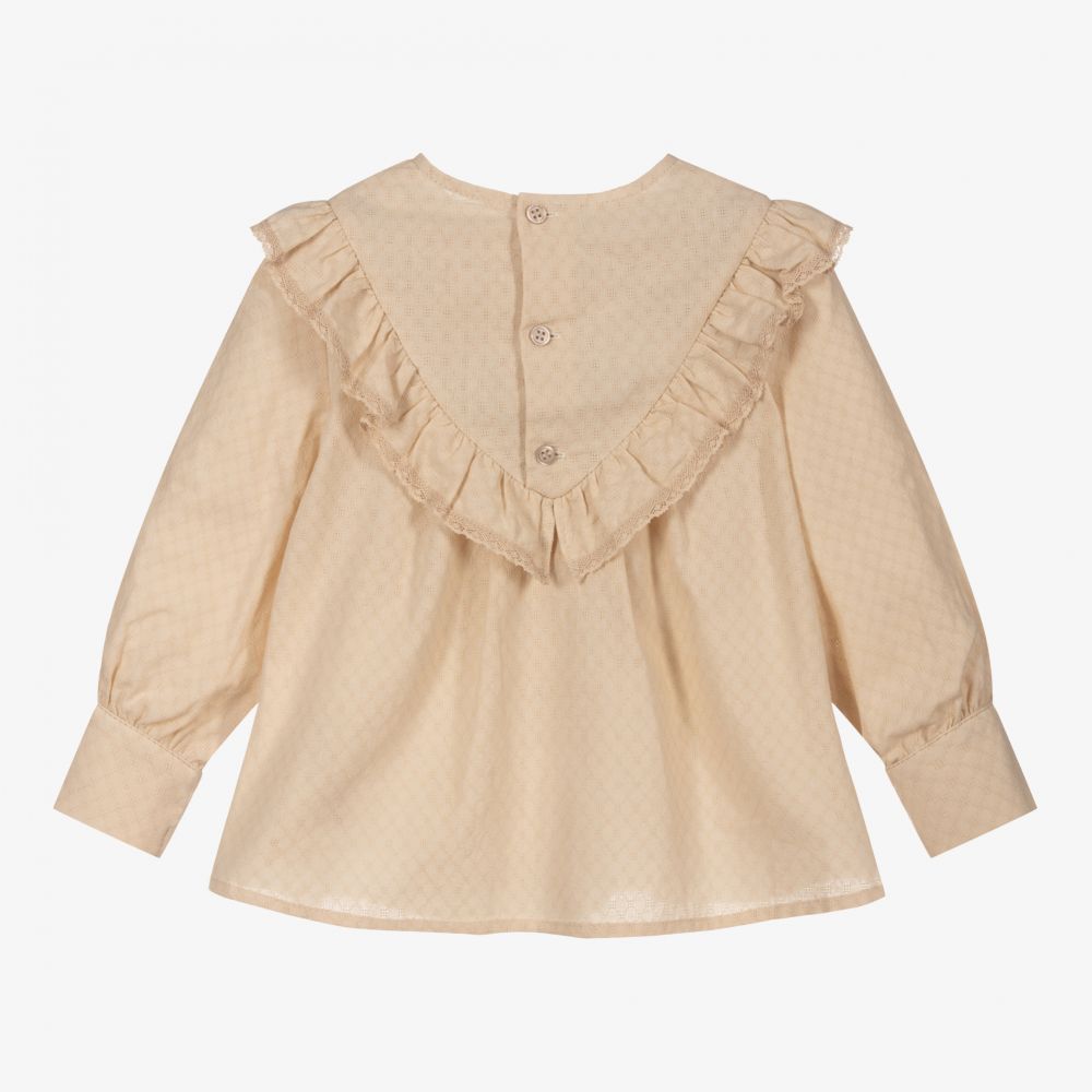 PAZ Rodríguez-بلوز قطن مزين بكشكش لون بيج للبنات | Childrensalon Outlet