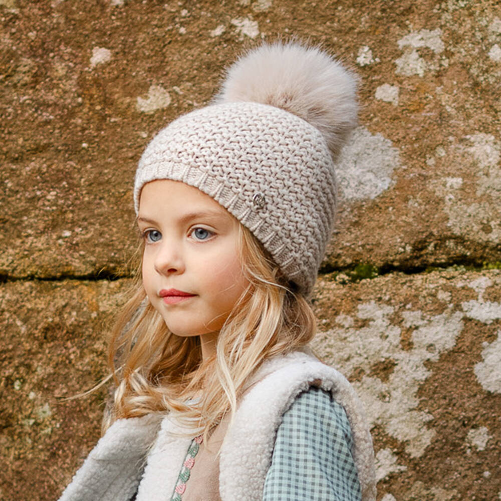 PAZ Rodríguez-Beige Wool Knit Pom-Pom Hat | Childrensalon Outlet