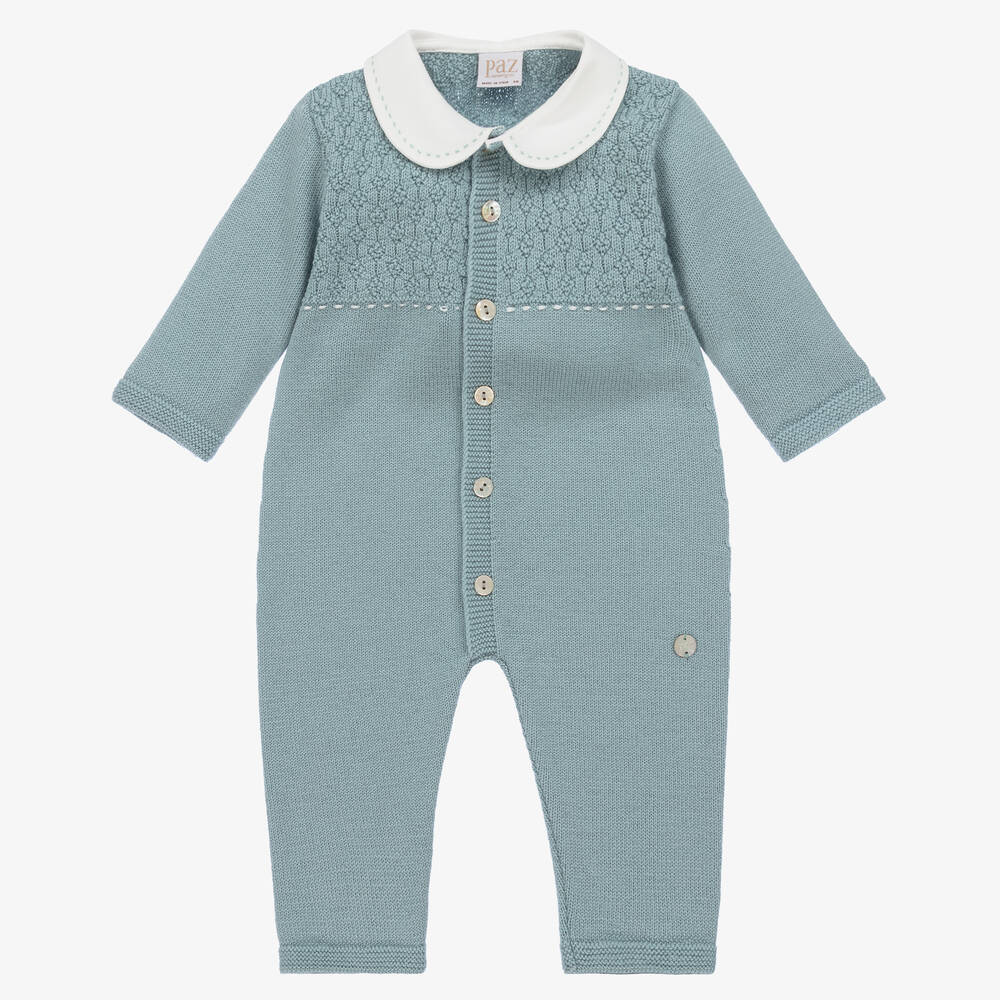 Paz Rodríguez - Blue Knitted Merino Wool Baby Romper | Childrensalon