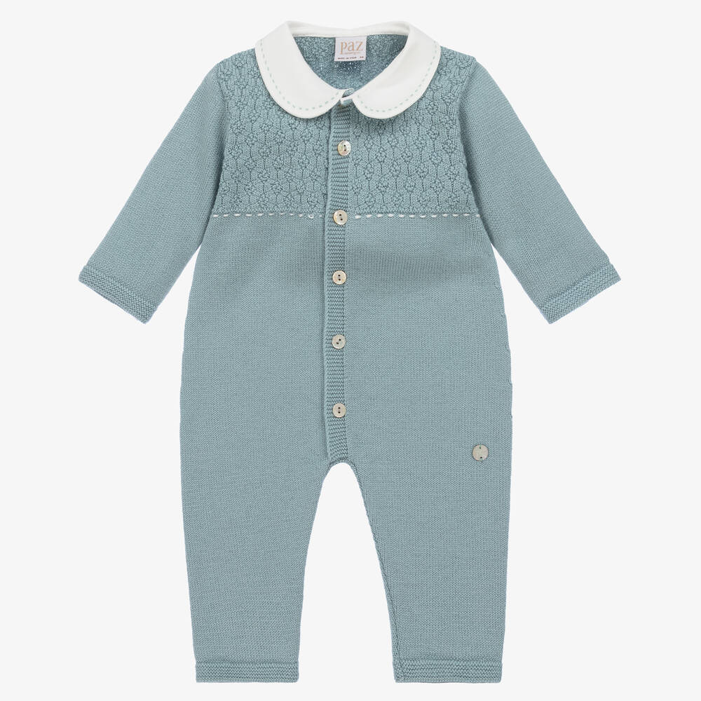 PAZ Rodríguez-Blue Knitted Merino Wool Baby Romper | Childrensalon Outlet