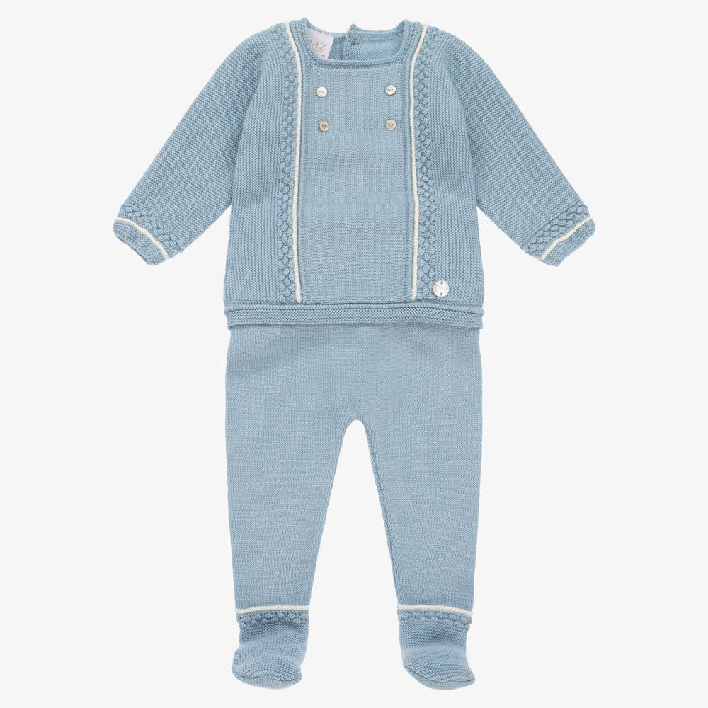 Paz Rodríguez - Blue Knitted Wool 2 Piece Babygrow | Childrensalon