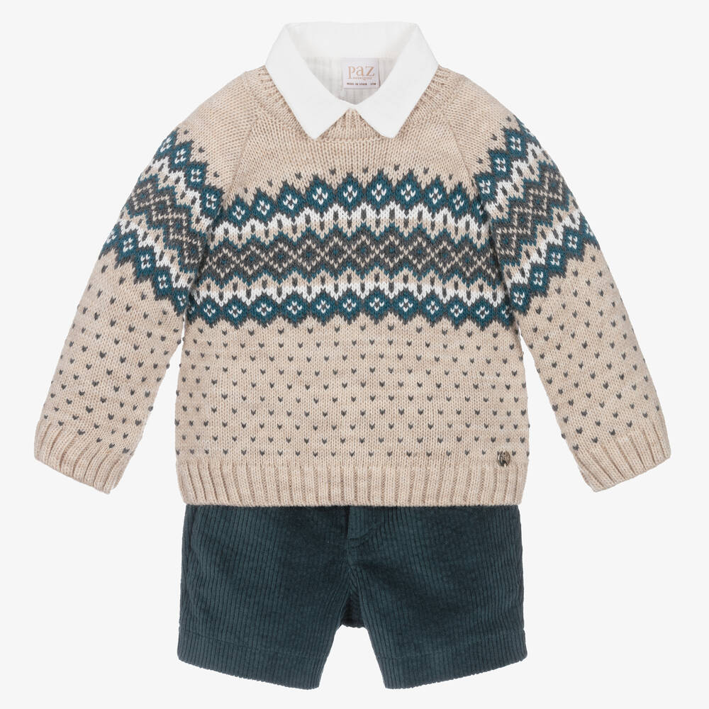 Paz Rodríguez - Boys Beige Cotton & Wool Shorts Set | Childrensalon