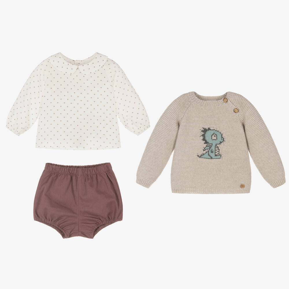PAZ Rodríguez-طقم شورت بيج وأرجواني للمواليد | Childrensalon Outlet