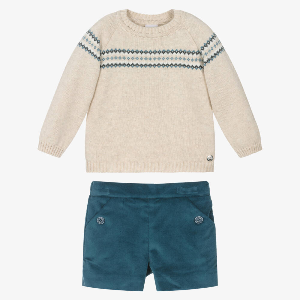 PAZ Rodríguez-Boys Beige Sweater & Blue Velvet Shorts Set | Childrensalon Outlet