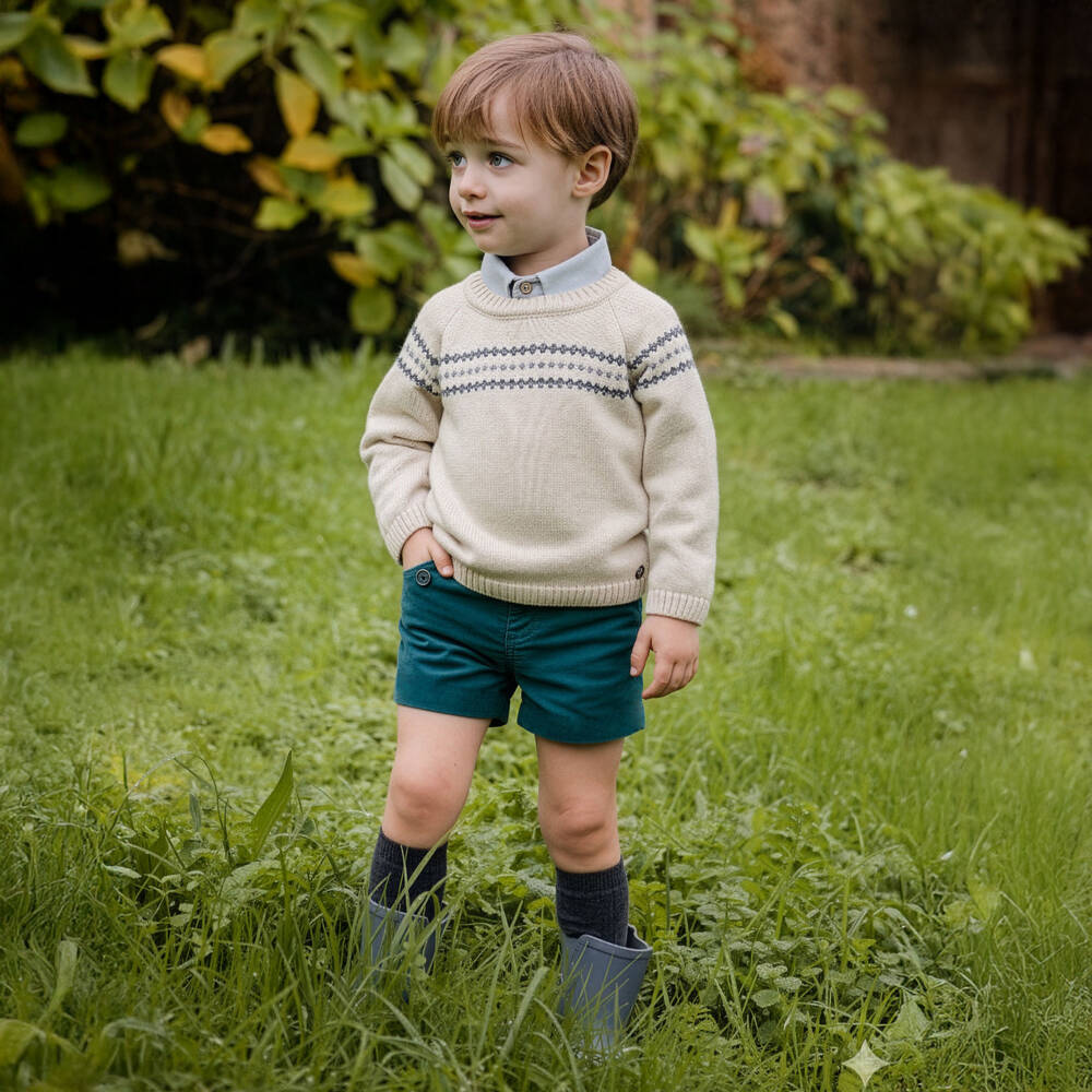 PAZ Rodríguez-Boys Beige Sweater & Blue Velvet Shorts Set | Childrensalon Outlet